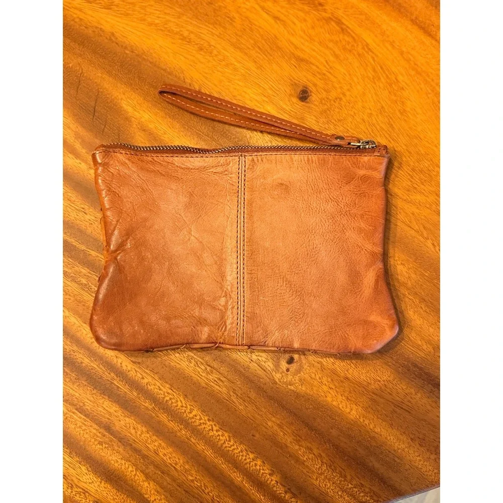 Vilenca Holland Woven Leather Wristlet Pouch Cognac Brown Boho Clutch Bag